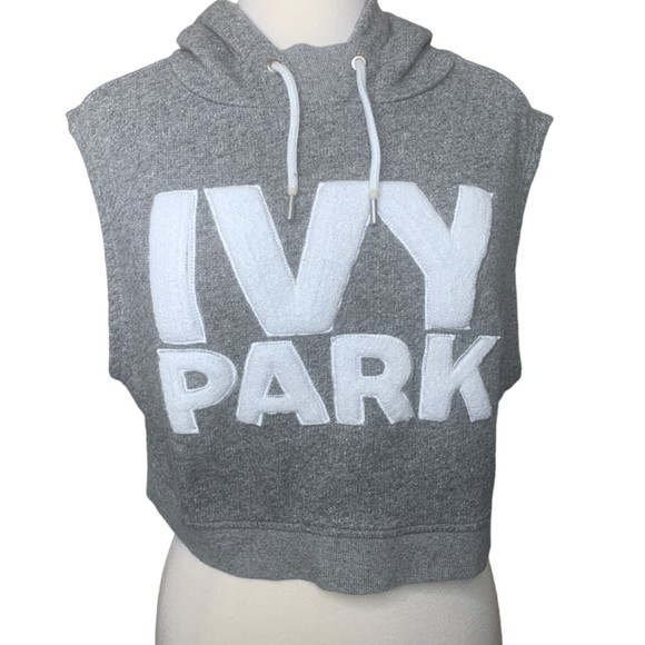 NWOT Ivy Park Women Sleeveless Cropped Logo Hoodie Grey Size XS Drawcord - Picture 2 of 12